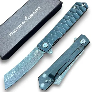 TACTICAL GEARZ Damascus Pocket Knife for EDC, Solid Tc4 Titanium Handle, Multi-Layered Damascus Steel VG10 Blade, Includes Sheath (Saint DXS)