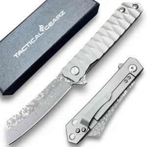 TACTICAL GEARZ Damascus Pocket Knife for EDC, Solid Tc4 Titanium Handle, Multi-Layered Damascus Steel VG10 Blade, Includes Sheath (Silver XS)