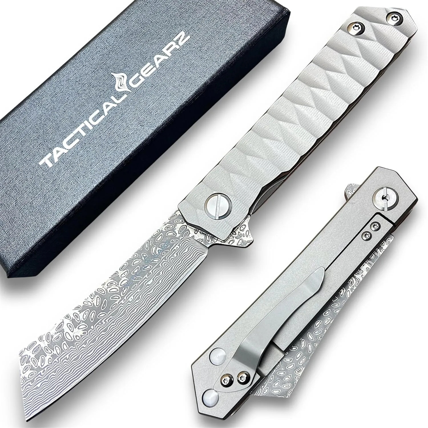 TACTICAL GEARZ Damascus Pocket Knife for EDC, Solid Tc4 Titanium Handle, Multi-Layered Damascus Steel VG10 Blade, Includes Sheath (Silver XS)