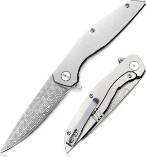 TACTICAL GEARZ EDC Damascus Pocket Folding Knife, Solid Titanium Handle, 67 Multi-Layered VG10 Damascus Steel Blade (Volan XT)