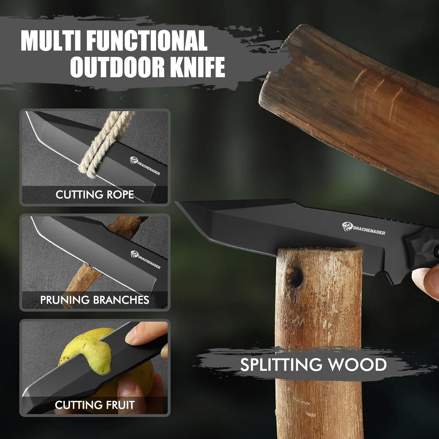 Tanto Fixed Blade Knife with Sheath, Tactical Knife for Men Survival Full Tang Design (E-Full Black)