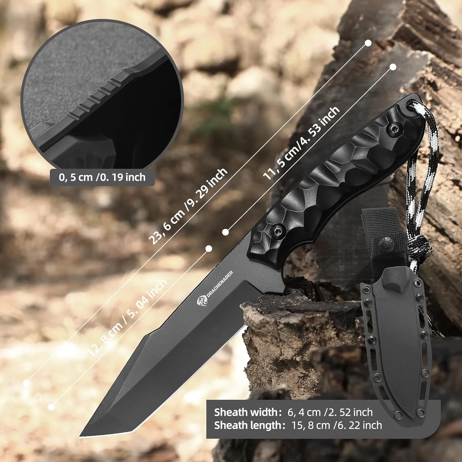 Tanto Fixed Blade Knife with Sheath, Tactical Knife for Men Survival Full Tang Design (E-Full Black)