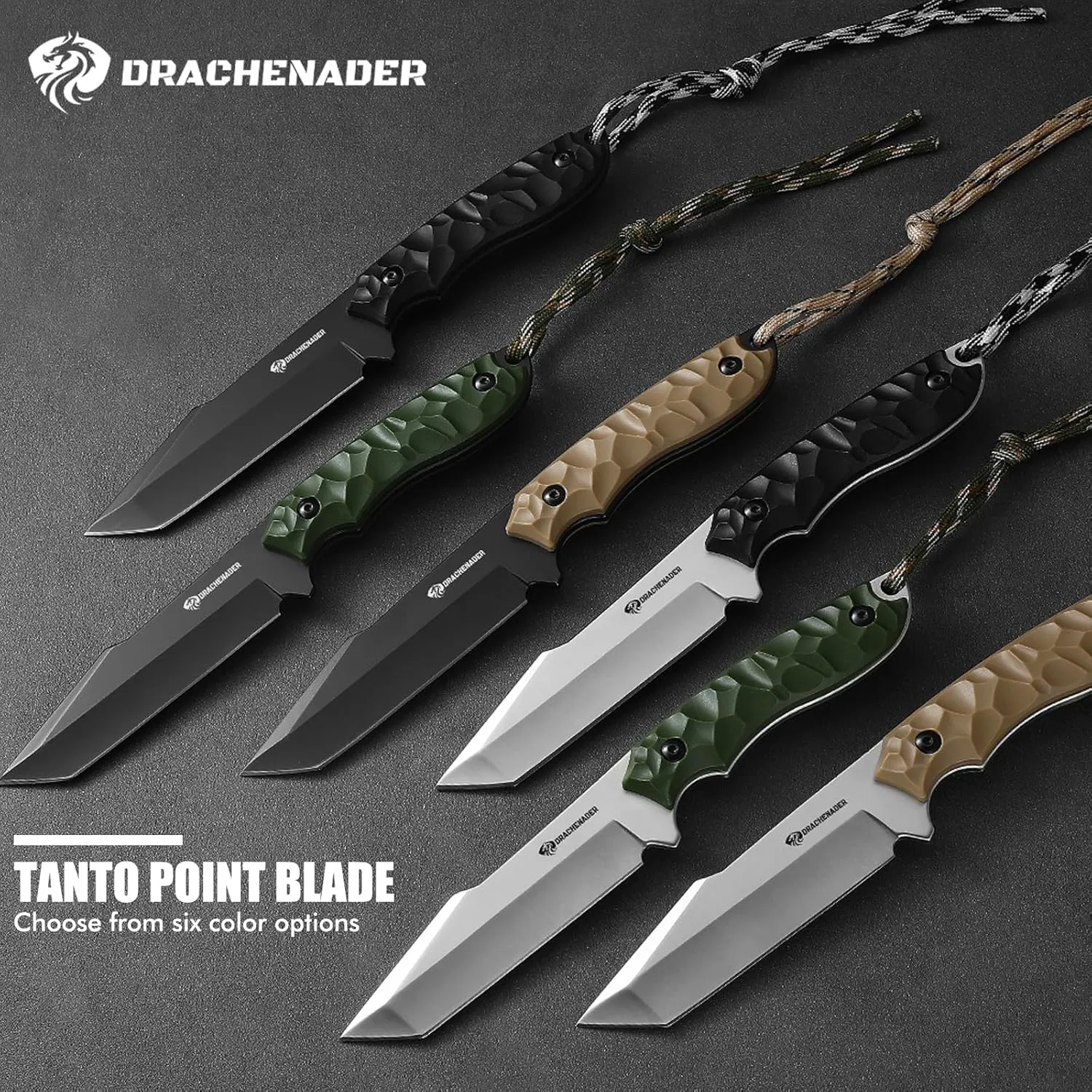 Tanto Fixed Blade Knife with Sheath, Tactical Knife for Men Survival Full Tang Design (E-Full Black)