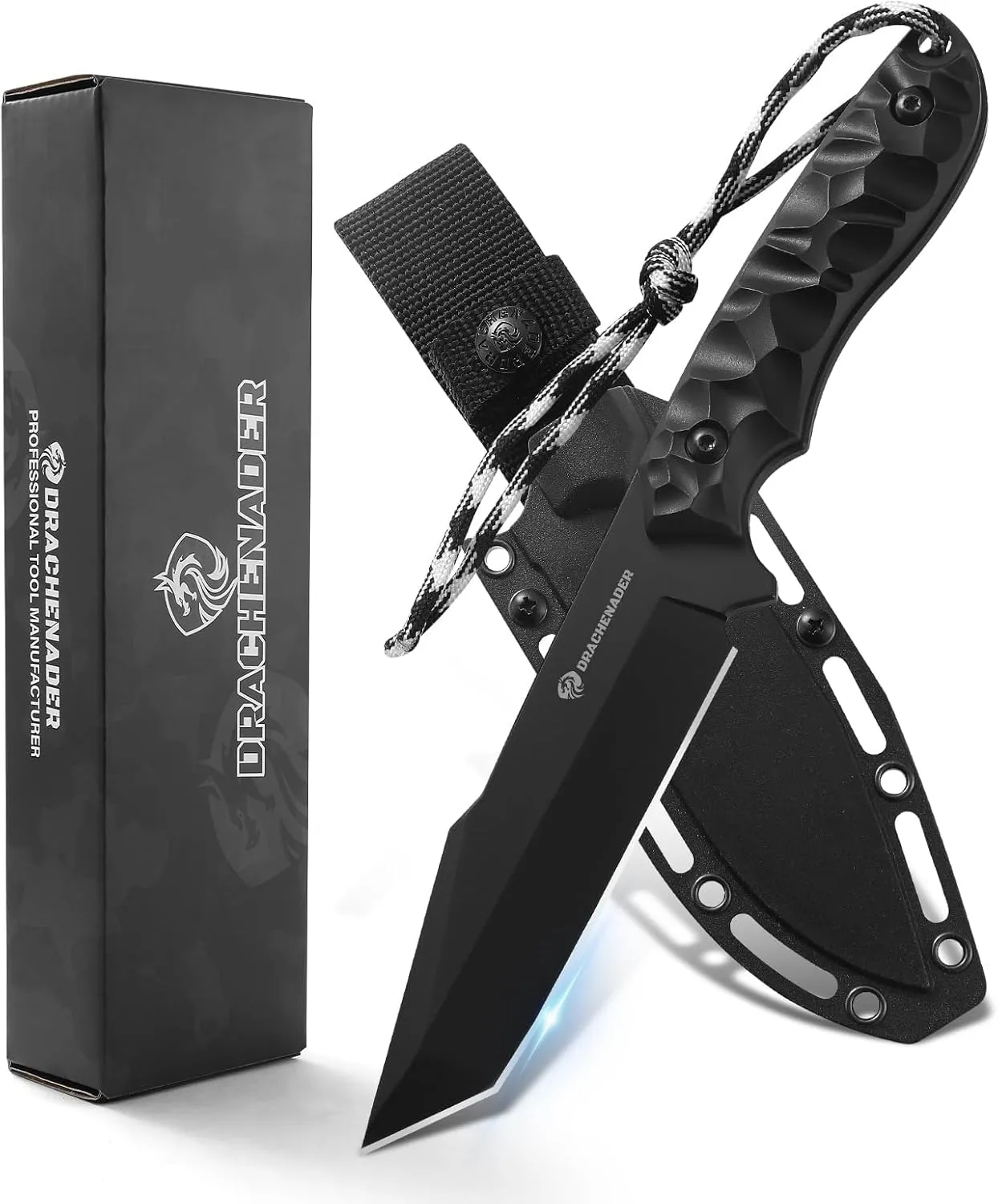 Tanto Fixed Blade Knife with Sheath, Tactical Knife for Men Survival Full Tang Design (E-Full Black)