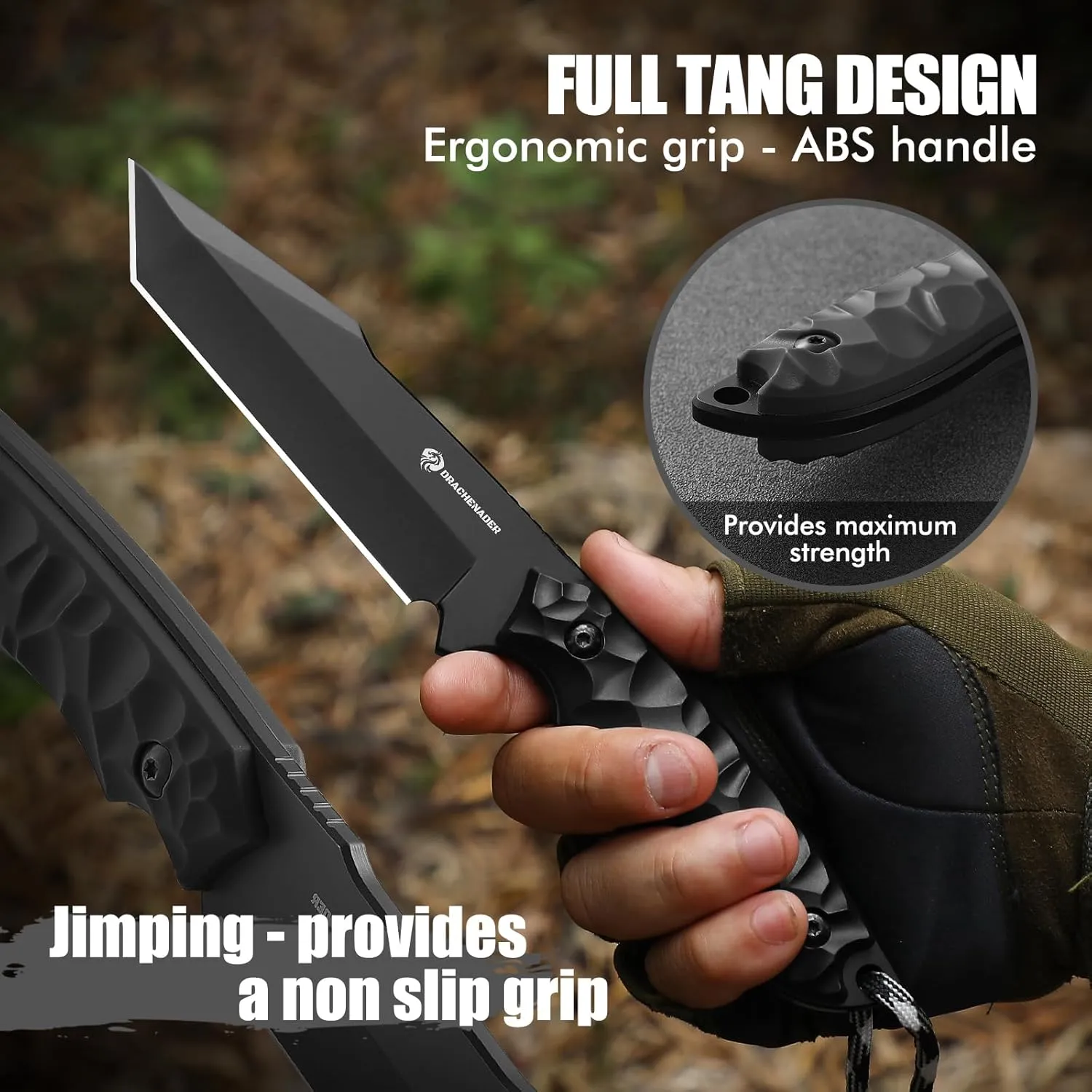 Tanto Fixed Blade Knife with Sheath, Tactical Knife for Men Survival Full Tang Design (E-Full Black)