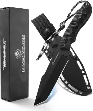 Tanto Fixed Blade Knife with Sheath, Tactical Knife for Men Survival Full Tang Design (E-Full Black)
