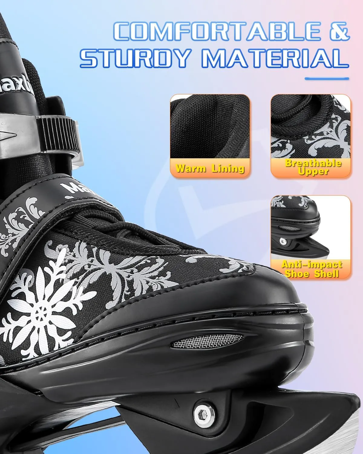 TaroKitc Snowflake Ice Skates for Kids Boys Girls, Fun Beginner Ice Skating Shoes for Outdoor and Rink, 4 Sizes Adjustable Skates, Soft and Comfortable Lining Ice Skating Shoes 5-12 Beginner and Youth