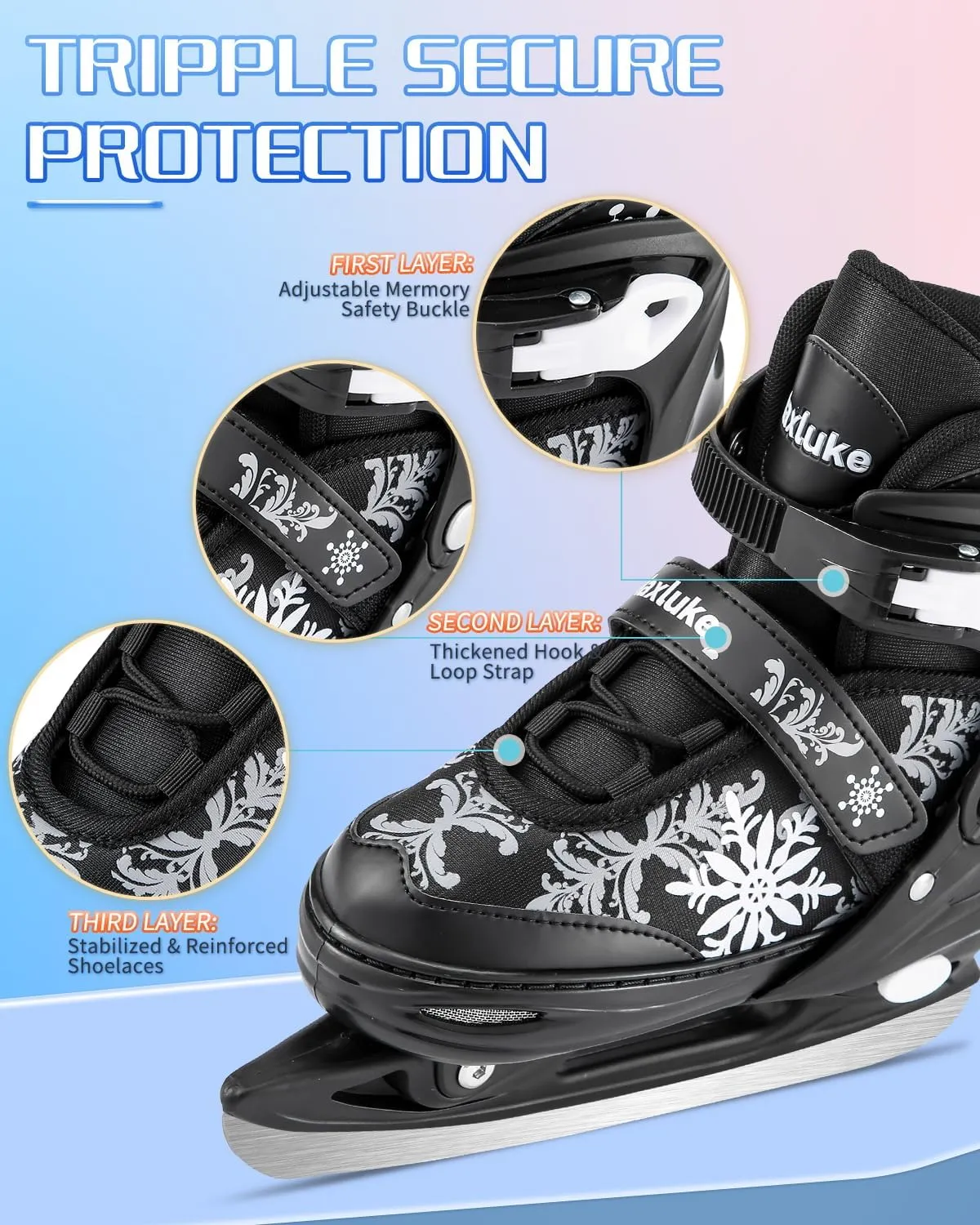 TaroKitc Snowflake Ice Skates for Kids Boys Girls, Fun Beginner Ice Skating Shoes for Outdoor and Rink, 4 Sizes Adjustable Skates, Soft and Comfortable Lining Ice Skating Shoes 5-12 Beginner and Youth