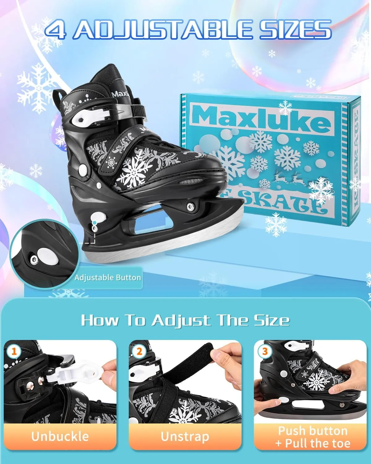 TaroKitc Snowflake Ice Skates for Kids Boys Girls, Fun Beginner Ice Skating Shoes for Outdoor and Rink, 4 Sizes Adjustable Skates, Soft and Comfortable Lining Ice Skating Shoes 5-12 Beginner and Youth