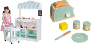 Teamson Kids 2-in-1 Wooden Dessert Cart & Kitchen Toaster Playset, Pretend Grocery Market Stand with 18 Dessert Accessories   11-Piece Breakfast Food Toy Set – Roleplay for Toddlers Ages 3 