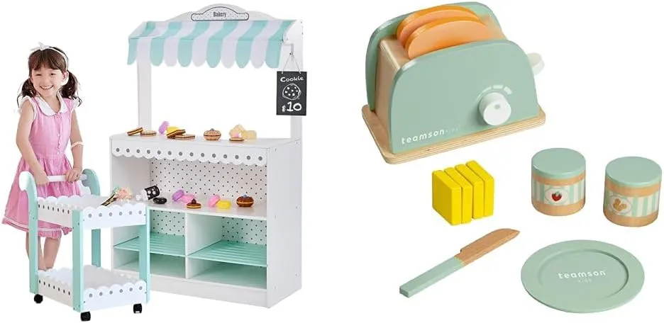 Teamson Kids 2-in-1 Wooden Dessert Cart & Kitchen Toaster Playset, Pretend Grocery Market Stand with 18 Dessert Accessories   11-Piece Breakfast Food Toy Set – Roleplay for Toddlers Ages 3 