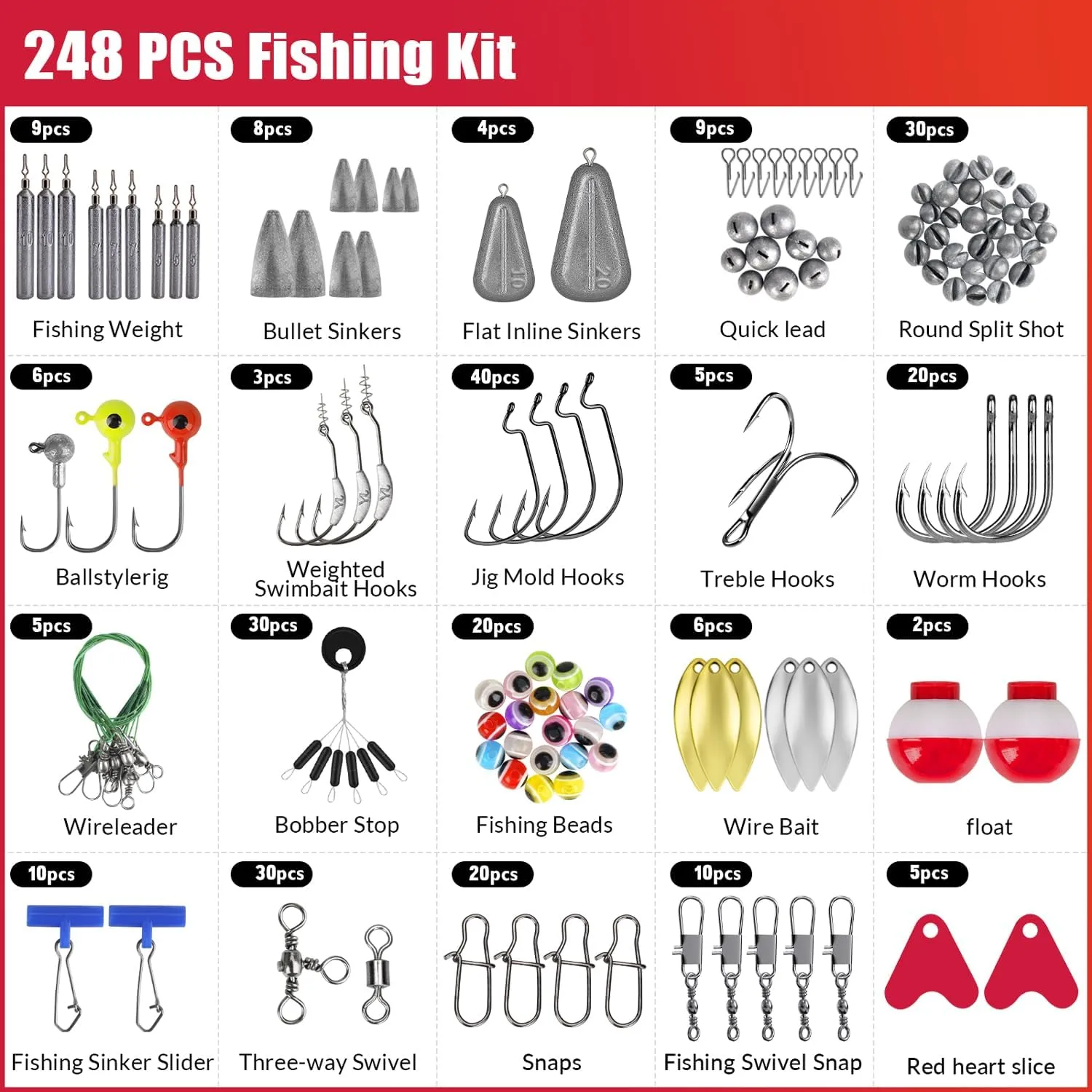 THKFISH 248pcs Fishing Accessories Kit, Double-layer Organized Fishing Tackle Box with Tackle Included Fishing Hooks, Weights Sinkers, Bass Trout Fishing Gear