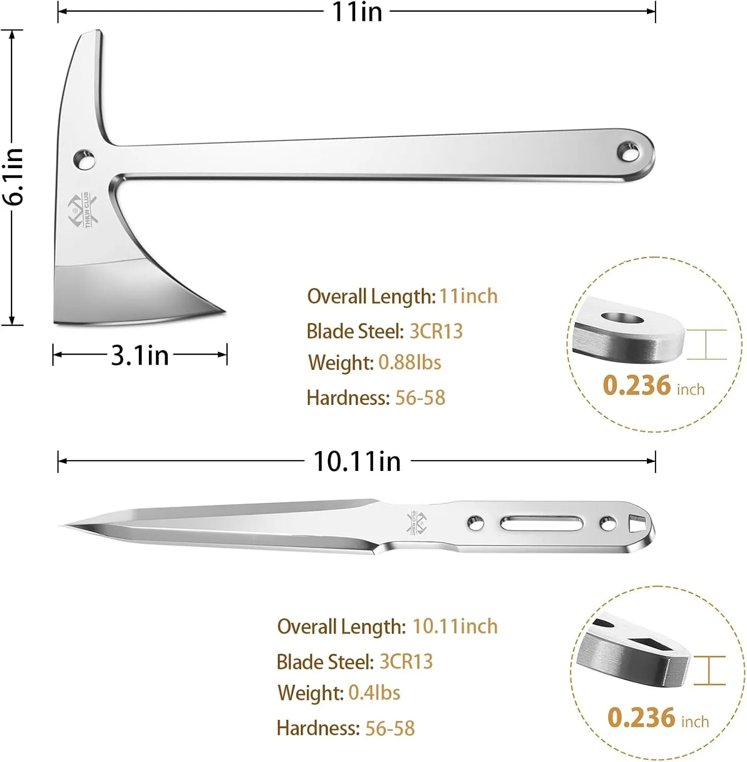 Throwing Axes, 11" Throwing Axe and Throwing Knife Set 3-Pack with Full Tang Stainless Steel & Nylon Sheaths, Perfect for Axe Throwing Game, Recreation and Competition, Gift for Men
