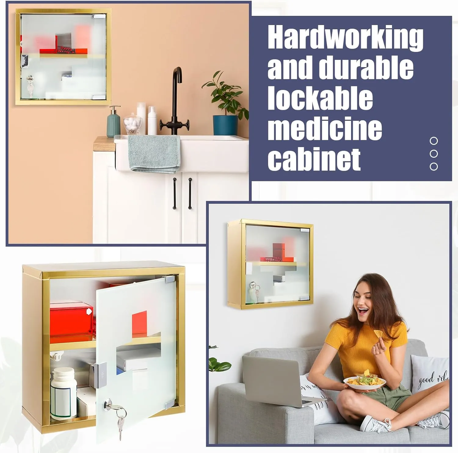 Timgle First Aid Wall Cabinet with Lock Medicine Wall Mounted Bathroom Storage Hanging Medical Cabinet with Safety Glass Door for Bathroom(2 Shelves,Light Gold)