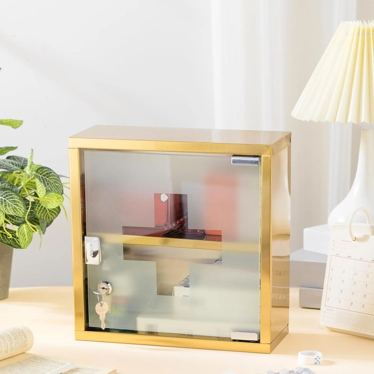 Timgle First Aid Wall Cabinet with Lock Medicine Wall Mounted Bathroom Storage Hanging Medical Cabinet with Safety Glass Door for Bathroom(2 Shelves,Light Gold)