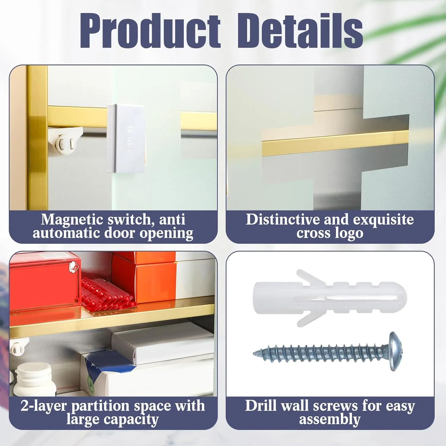 Timgle First Aid Wall Cabinet with Lock Medicine Wall Mounted Bathroom Storage Hanging Medical Cabinet with Safety Glass Door for Bathroom(2 Shelves,Light Gold)