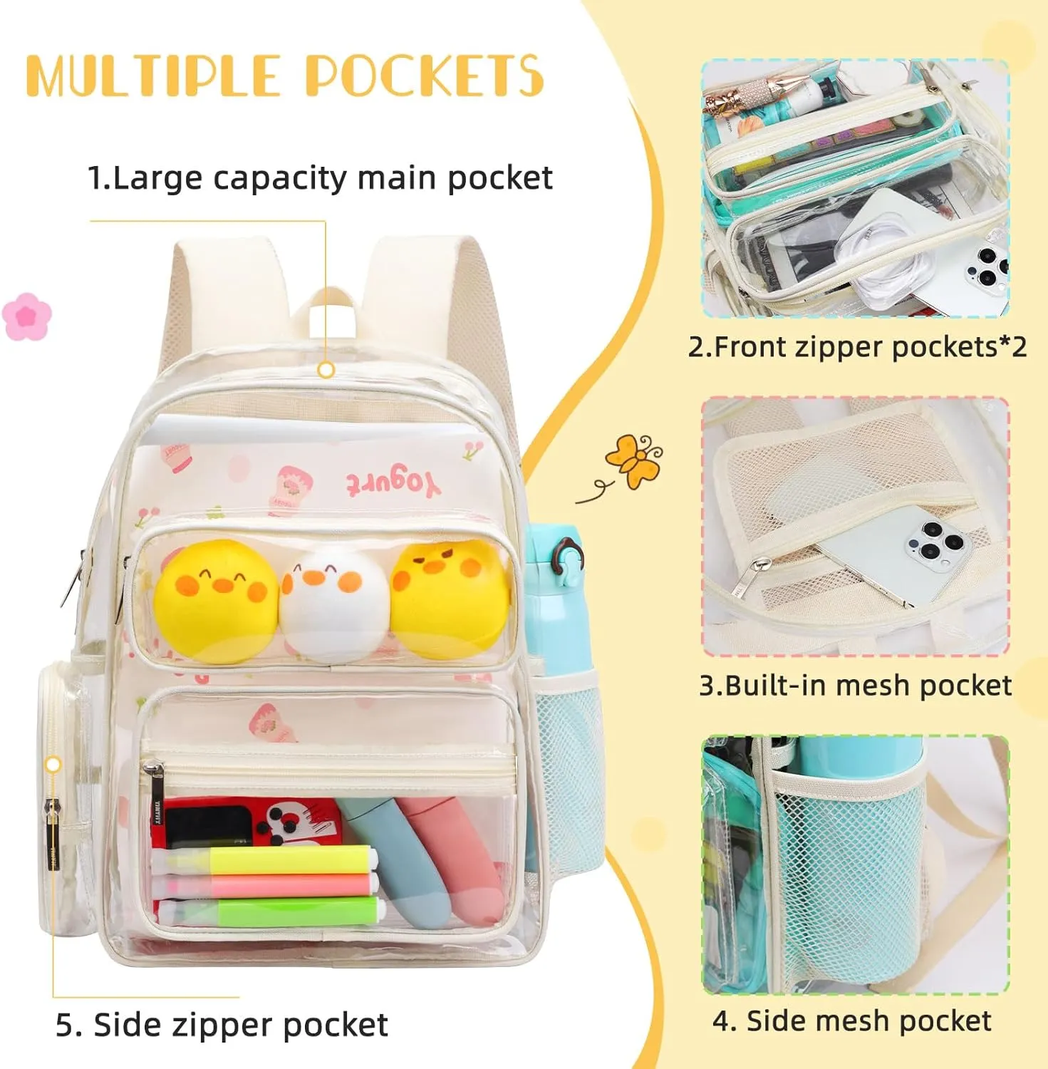TINYAT Clear Backpack Heavy Duty Transparent backpack Large Capacity See Through Bags Stadium Approved for Concerts, Sports