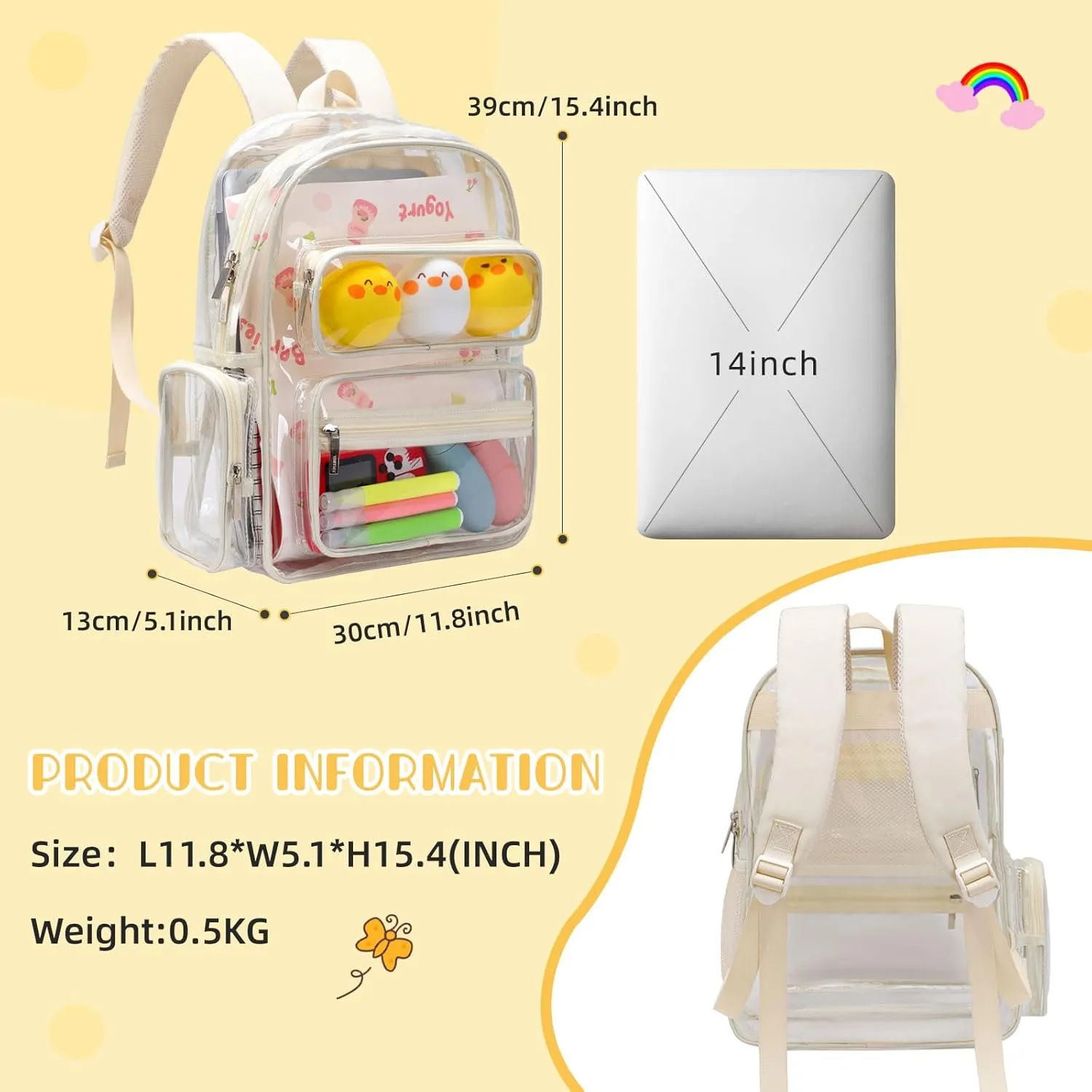 TINYAT Clear Backpack Heavy Duty Transparent backpack Large Capacity See Through Bags Stadium Approved for Concerts, Sports