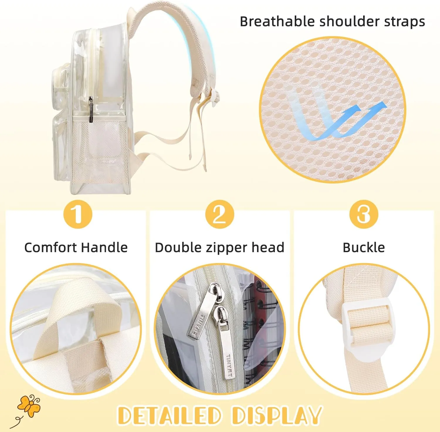 TINYAT Clear Backpack Heavy Duty Transparent backpack Large Capacity See Through Bags Stadium Approved for Concerts, Sports