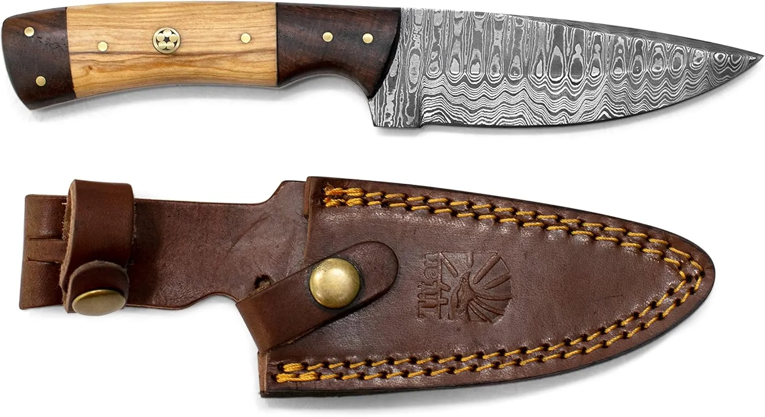 Titan International Knives 8.2" Damascus Steel Fixed Blade Hunting Knife | Handmade 1095 4340 Carbon Mix Hand Pounded | EDC Black Walnut and Olive Wood Handle | Leather Sheath Multi Purpose Survival and Camping Knives