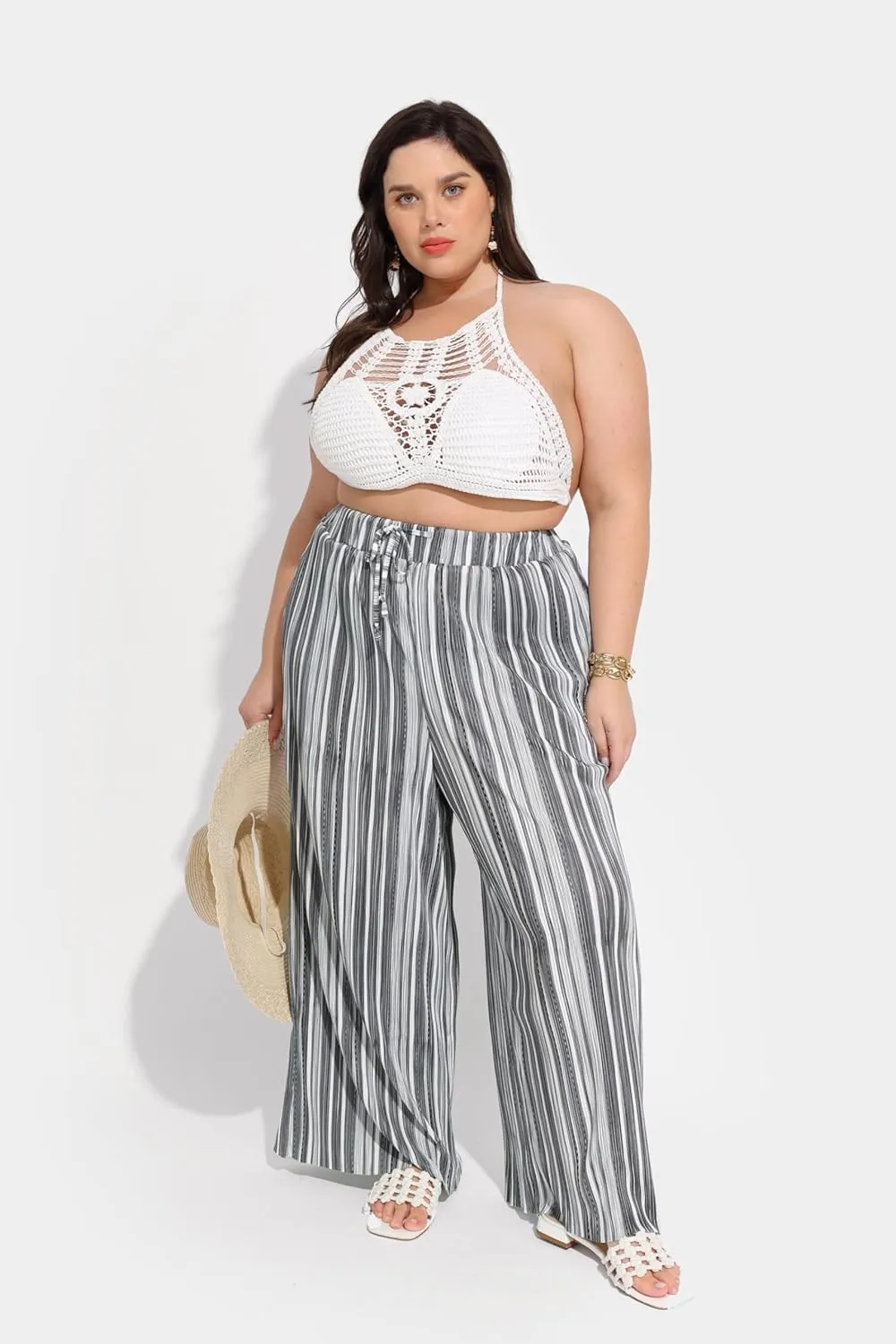 TIYOMI Plus Size Wide Leg Pants for Women Elastic Drawstring Pants High Waisted Lounge Pants XL-5XL