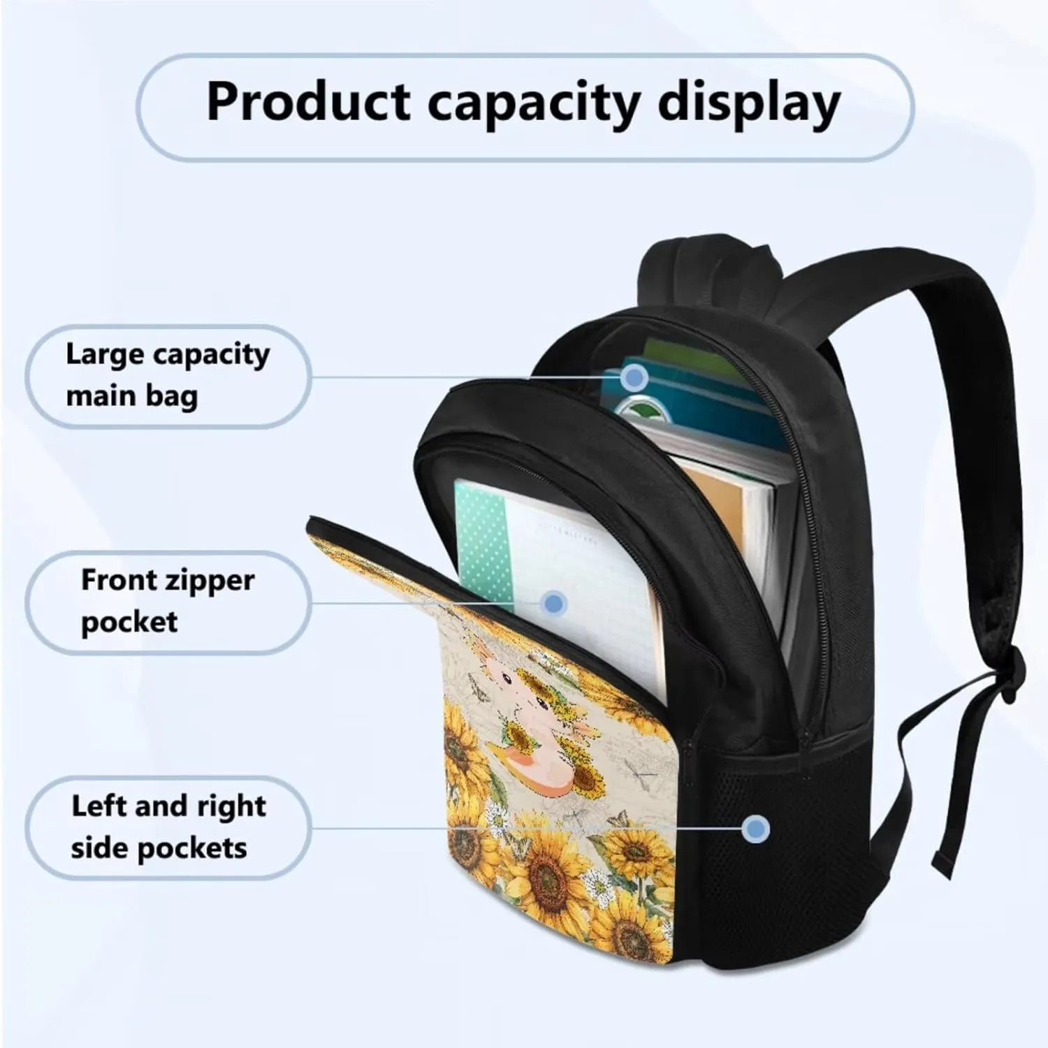 TOADDITDO Axolotl Little Girls Backpack and Lunch Box Set with Pencil Bag Water Bottle Cover Kindergarten Cute Schoolbags Sunflower Toddler Camping Book Bag Travel Duffel Bag Daycare Bag for Preschool
