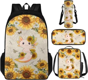 TOADDITDO Axolotl Little Girls Backpack and Lunch Box Set with Pencil Bag Water Bottle Cover Kindergarten Cute Schoolbags Sunflower Toddler Camping Book Bag Travel Duffel Bag Daycare Bag for Preschool