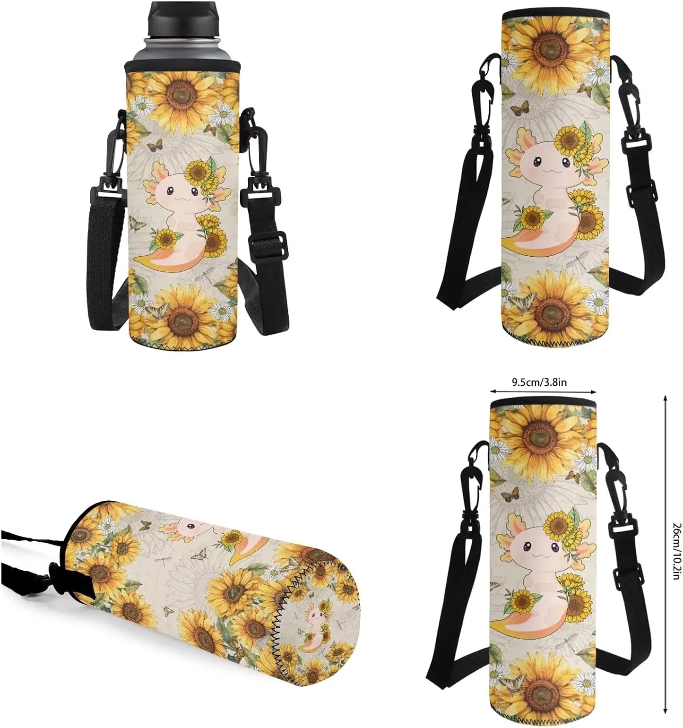 TOADDITDO Axolotl Little Girls Backpack and Lunch Box Set with Pencil Bag Water Bottle Cover Kindergarten Cute Schoolbags Sunflower Toddler Camping Book Bag Travel Duffel Bag Daycare Bag for Preschool