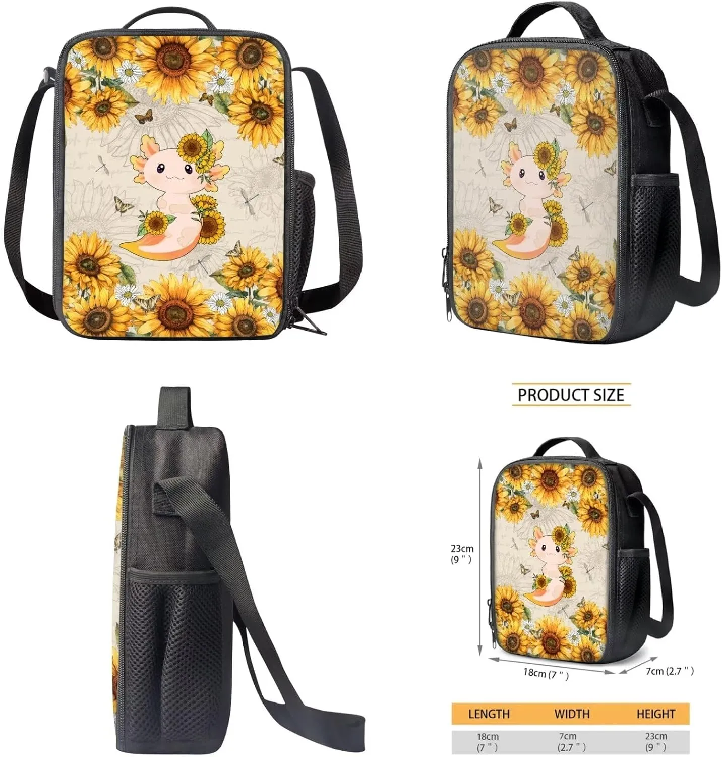 TOADDITDO Axolotl Little Girls Backpack and Lunch Box Set with Pencil Bag Water Bottle Cover Kindergarten Cute Schoolbags Sunflower Toddler Camping Book Bag Travel Duffel Bag Daycare Bag for Preschool