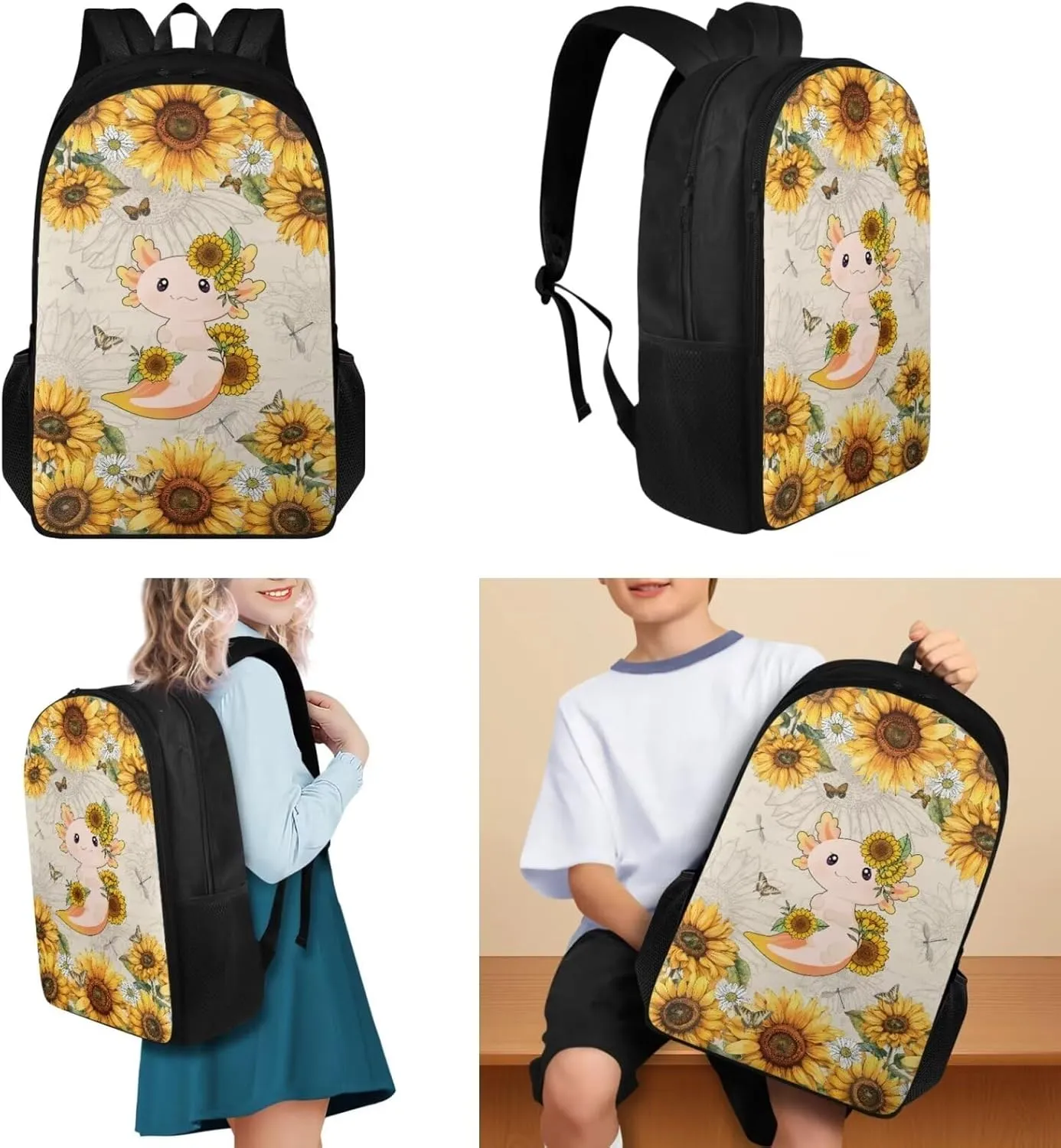 TOADDITDO Axolotl Little Girls Backpack and Lunch Box Set with Pencil Bag Water Bottle Cover Kindergarten Cute Schoolbags Sunflower Toddler Camping Book Bag Travel Duffel Bag Daycare Bag for Preschool