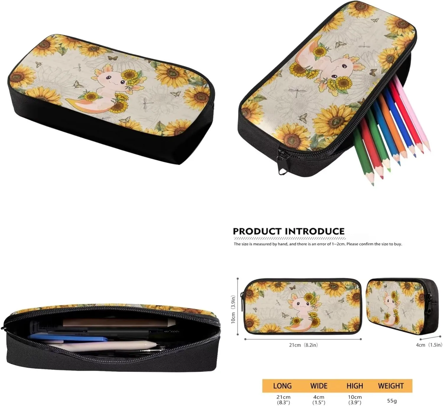 TOADDITDO Axolotl Little Girls Backpack and Lunch Box Set with Pencil Bag Water Bottle Cover Kindergarten Cute Schoolbags Sunflower Toddler Camping Book Bag Travel Duffel Bag Daycare Bag for Preschool