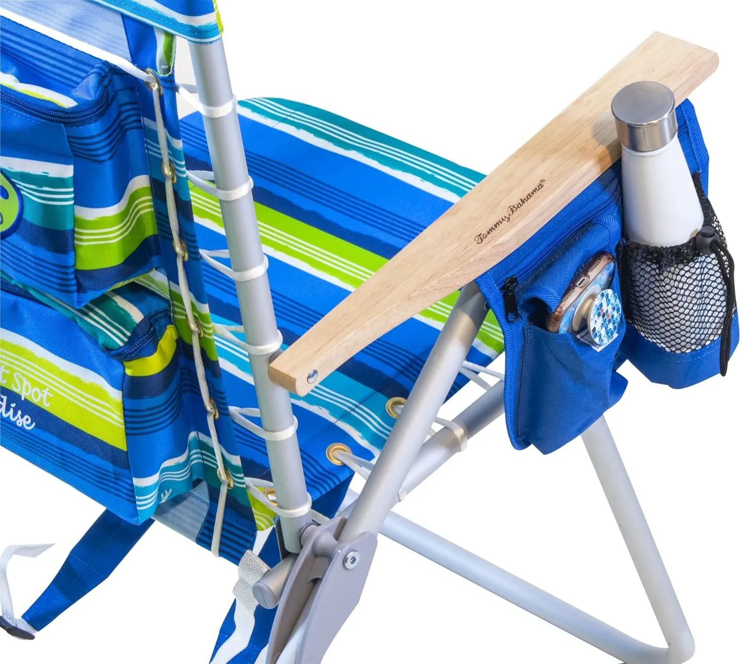 Tommy Bahama Hi-Boy 17" Seat Height 4-Position Lace-Up Suspension Folding Beach Backpack Chair, 1-Pack, Green and Blue Stripe