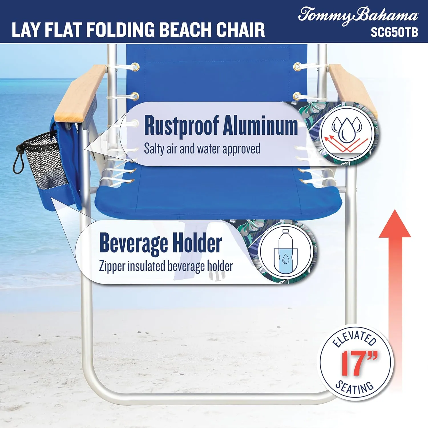 Tommy Bahama Hi-Boy 17" Seat Height 4-Position Lace-Up Suspension Folding Beach Backpack Chair, 1-Pack, Green and Blue Stripe