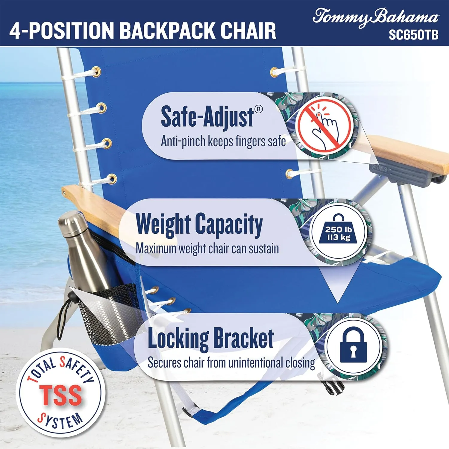 Tommy Bahama Hi-Boy 17" Seat Height 4-Position Lace-Up Suspension Folding Beach Backpack Chair, 1-Pack, Green and Blue Stripe
