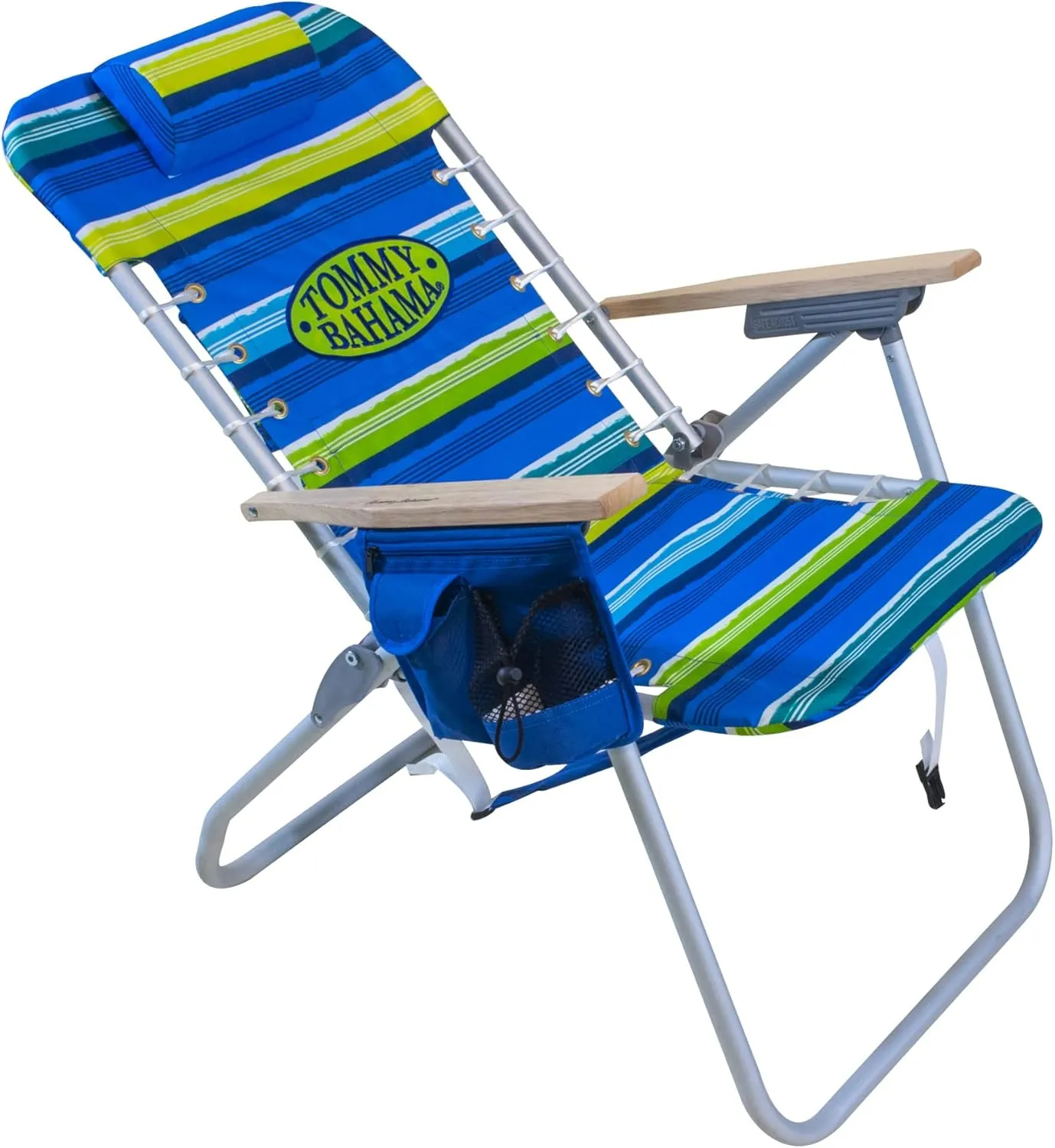 Tommy Bahama Hi-Boy 17" Seat Height 4-Position Lace-Up Suspension Folding Beach Backpack Chair, 1-Pack, Green and Blue Stripe