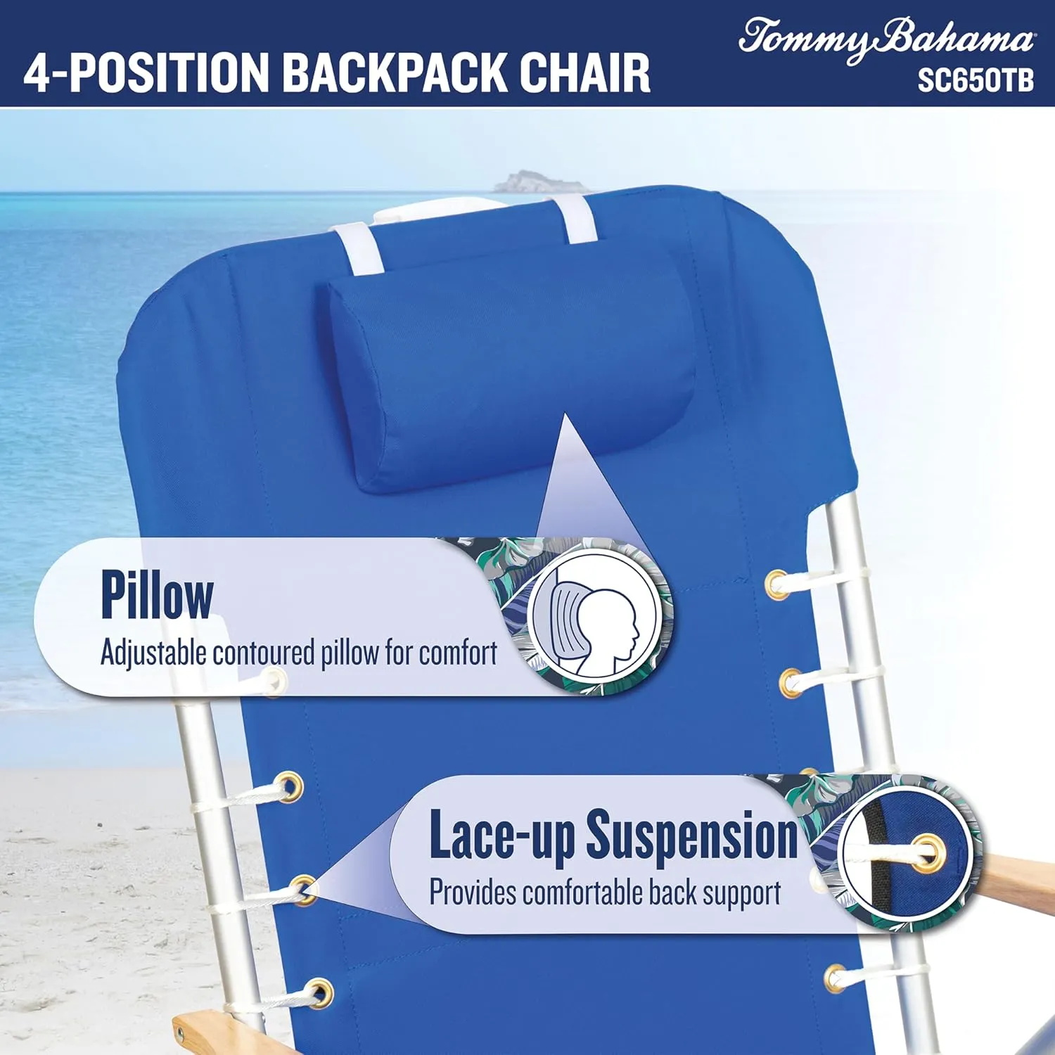 Tommy Bahama Hi-Boy 17" Seat Height 4-Position Lace-Up Suspension Folding Beach Backpack Chair, 1-Pack, Green and Blue Stripe