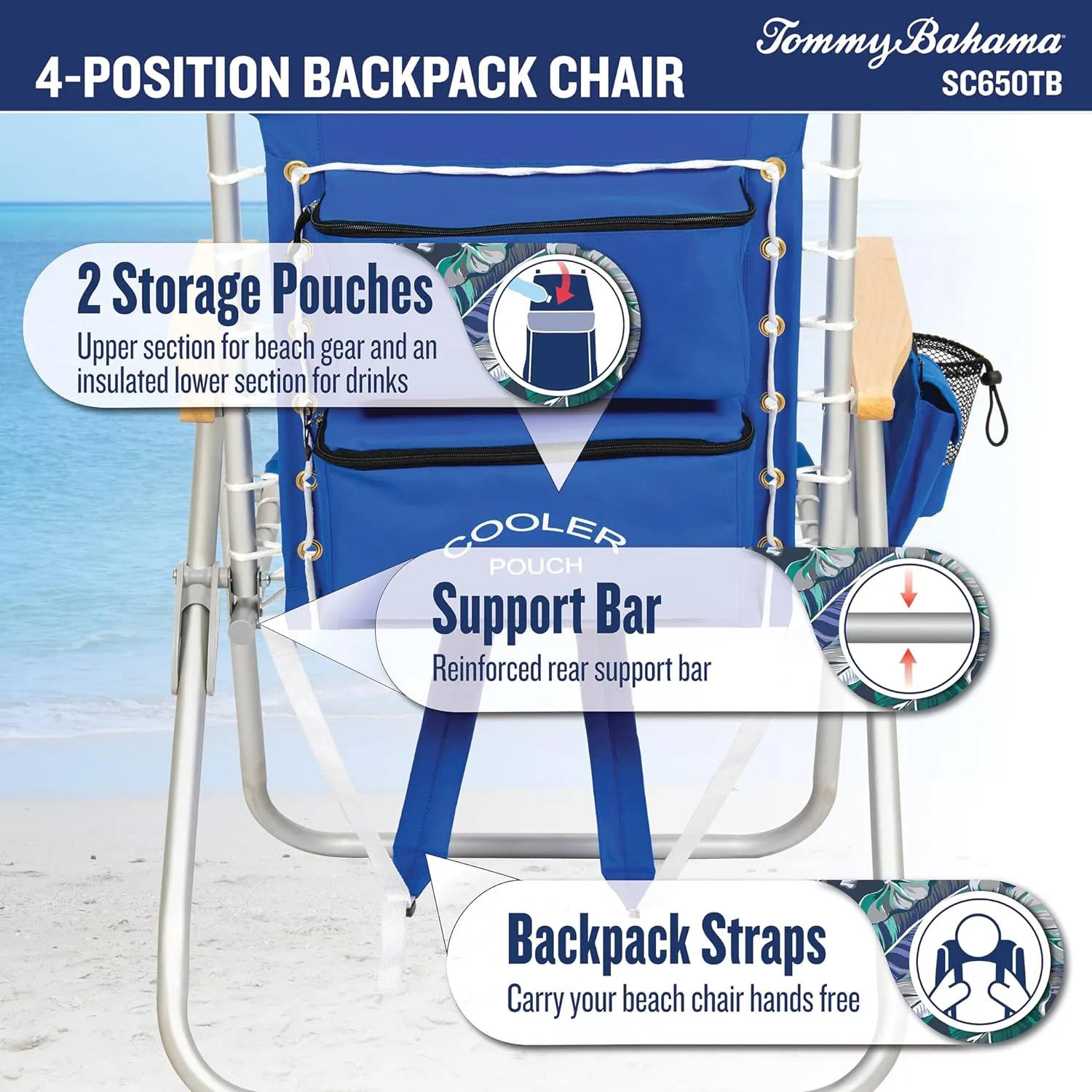 Tommy Bahama Hi-Boy 17" Seat Height 4-Position Lace-Up Suspension Folding Beach Backpack Chair, 1-Pack, Green and Blue Stripe