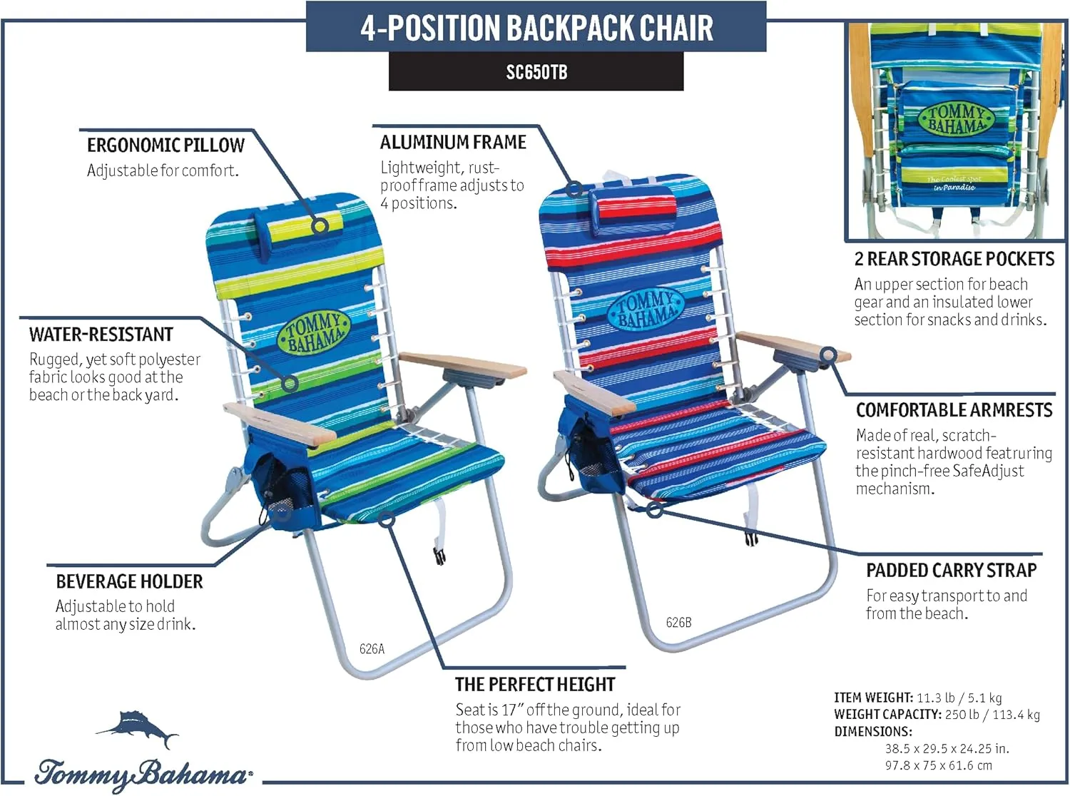 Tommy Bahama Hi-Boy 17" Seat Height 4-Position Lace-Up Suspension Folding Beach Backpack Chair, 1-Pack, Green and Blue Stripe
