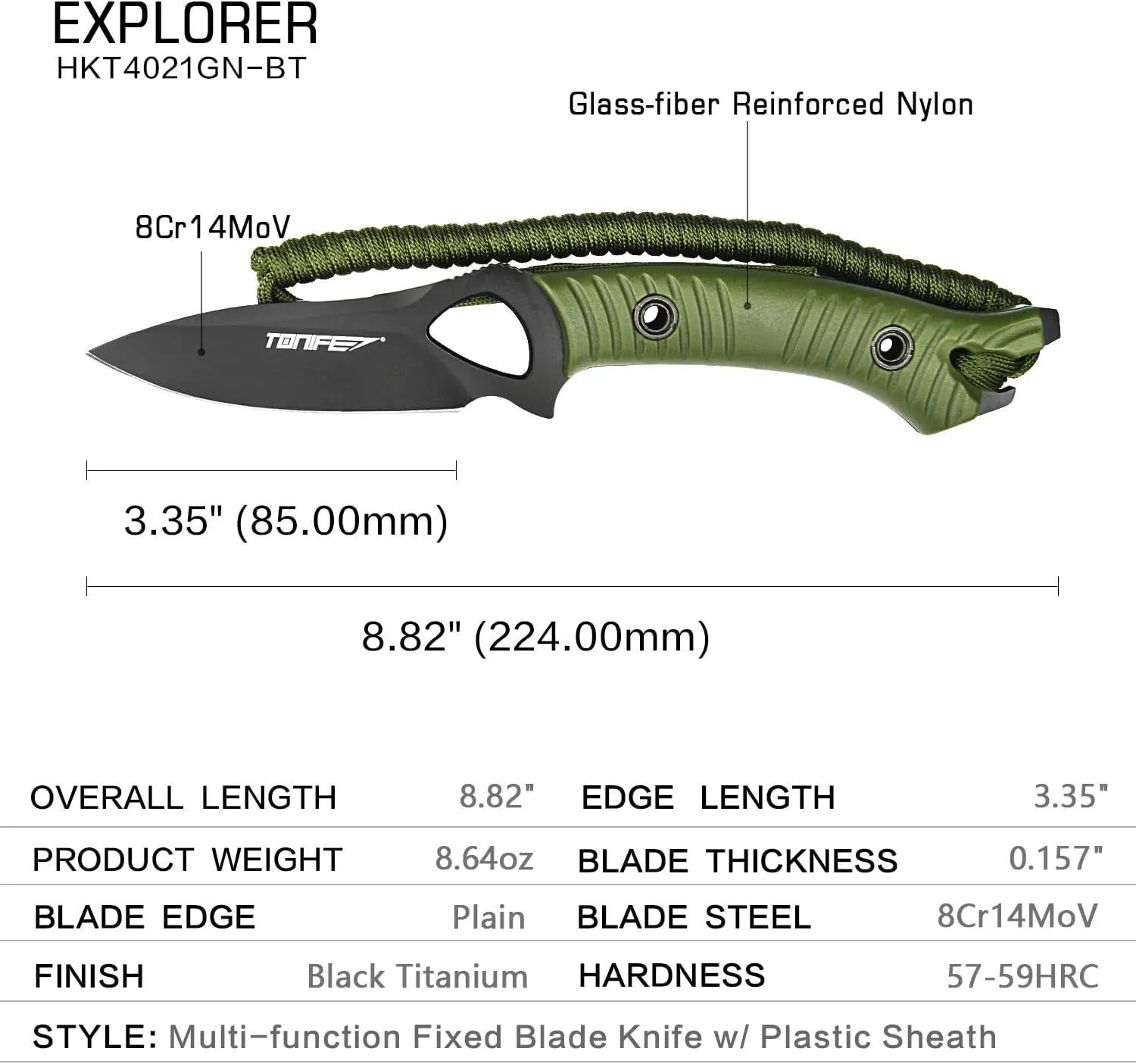 TONIFE Explorer Fixed Blade Knife with Sheath 8Cr14moV Multifunctional Survival Knife Blade with Fiberglass Reinforced Nylon Handle for Outdoor EDC Knife