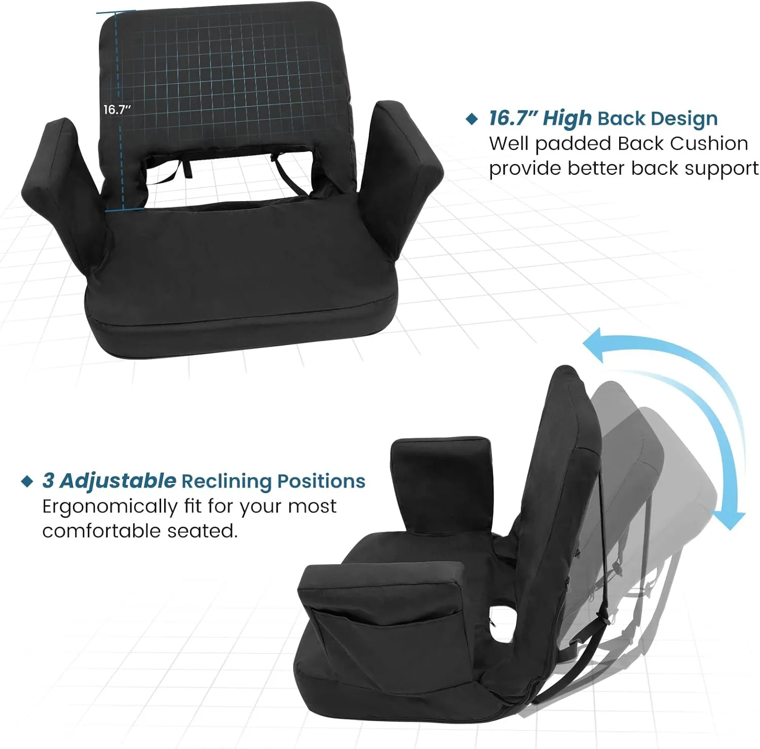 TOPSKY Stadium Seat with Back Support, Regular Size 18.7”Width (Seat 17”), 3 Reclining Positions, Wide Bleacher Seats with 2 Hook, Picnic Seat (Black)