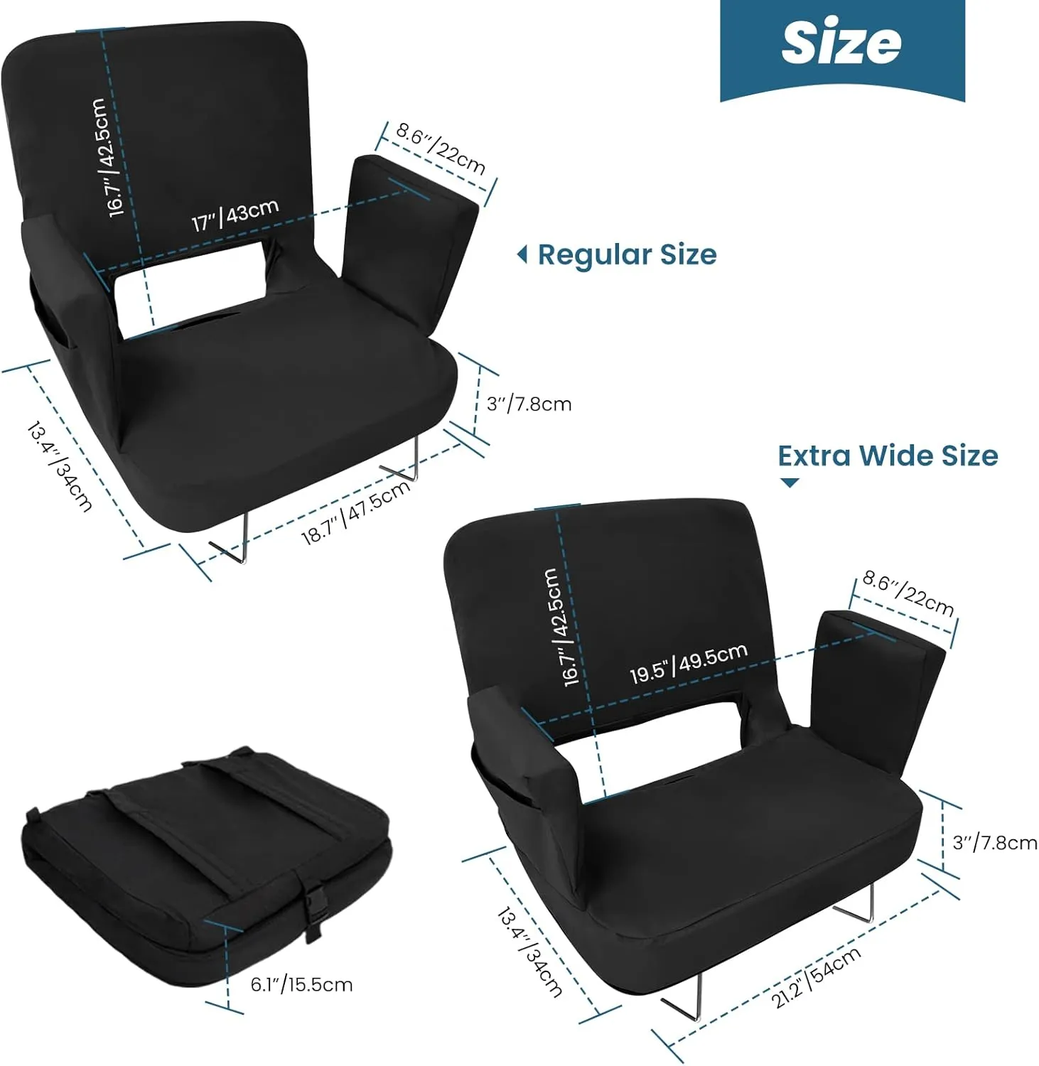 TOPSKY Stadium Seat with Back Support, Regular Size 18.7”Width (Seat 17”), 3 Reclining Positions, Wide Bleacher Seats with 2 Hook, Picnic Seat (Black)