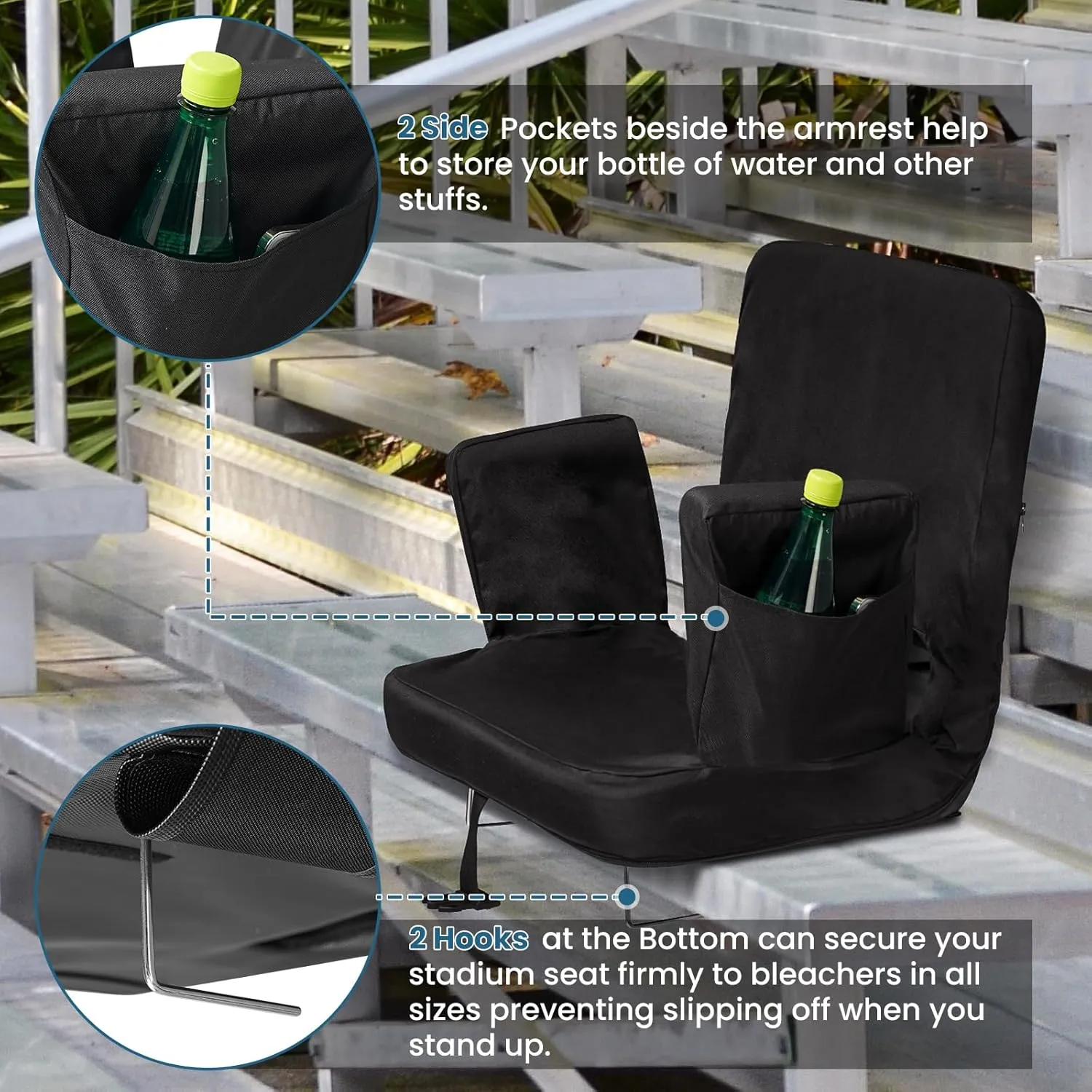 TOPSKY Stadium Seat with Back Support, Regular Size 18.7”Width (Seat 17”), 3 Reclining Positions, Wide Bleacher Seats with 2 Hook, Picnic Seat (Black)