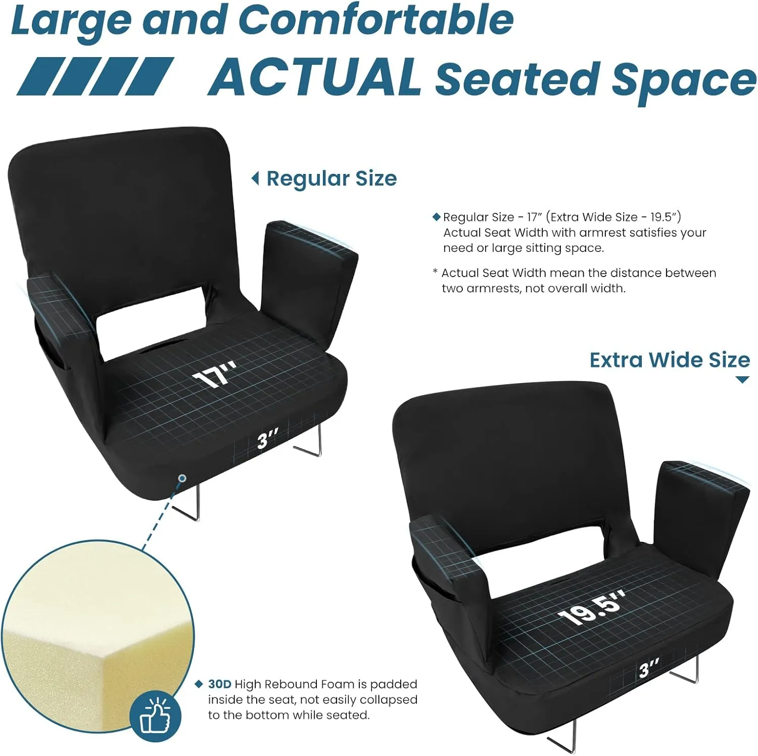 TOPSKY Stadium Seat with Back Support, Regular Size 18.7”Width (Seat 17”), 3 Reclining Positions, Wide Bleacher Seats with 2 Hook, Picnic Seat (Black)