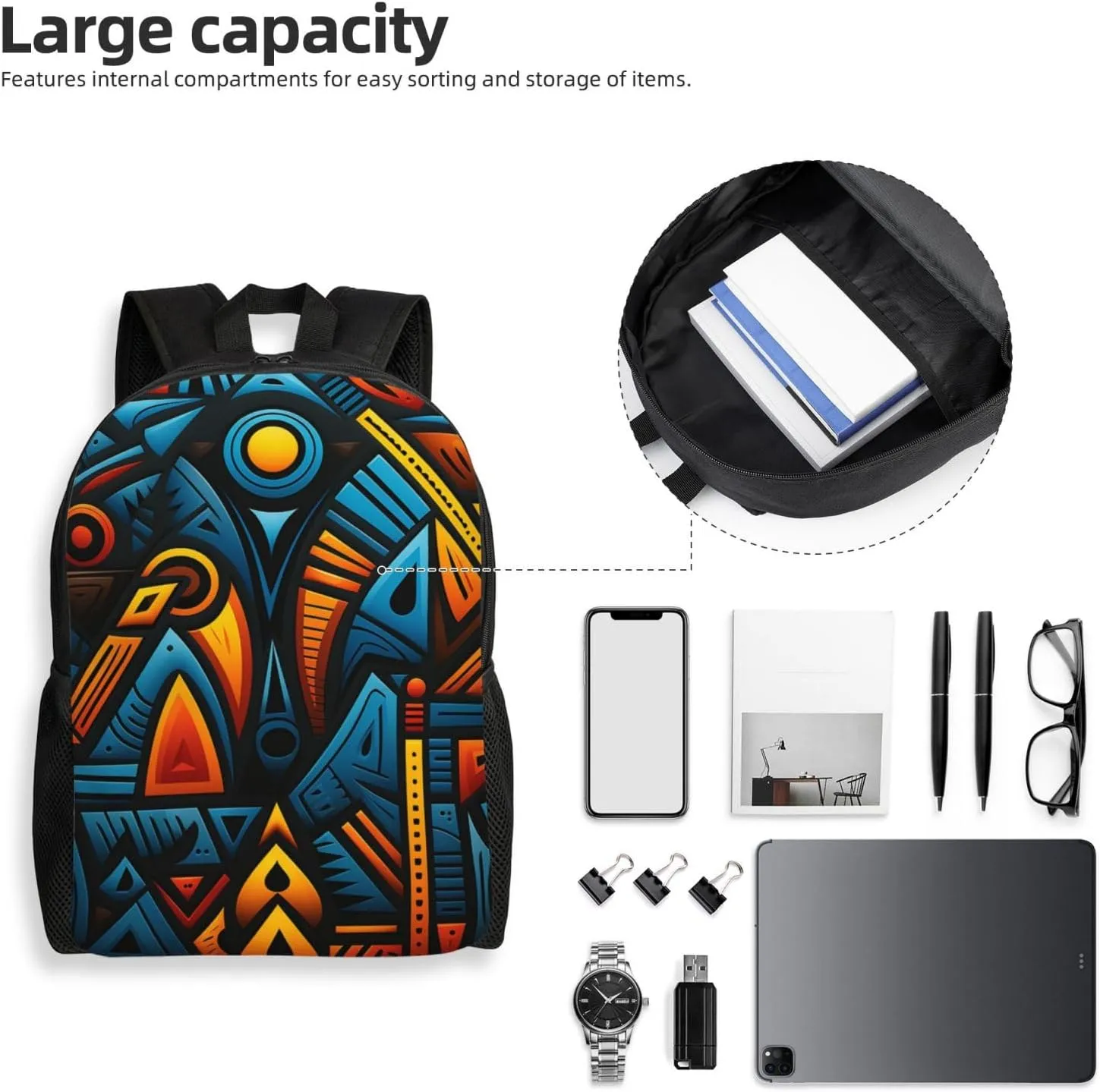 Travel Backpack for Women Men Carry On Backpack Waterproof 15.6inch Laptop Backpack African style textile pattern