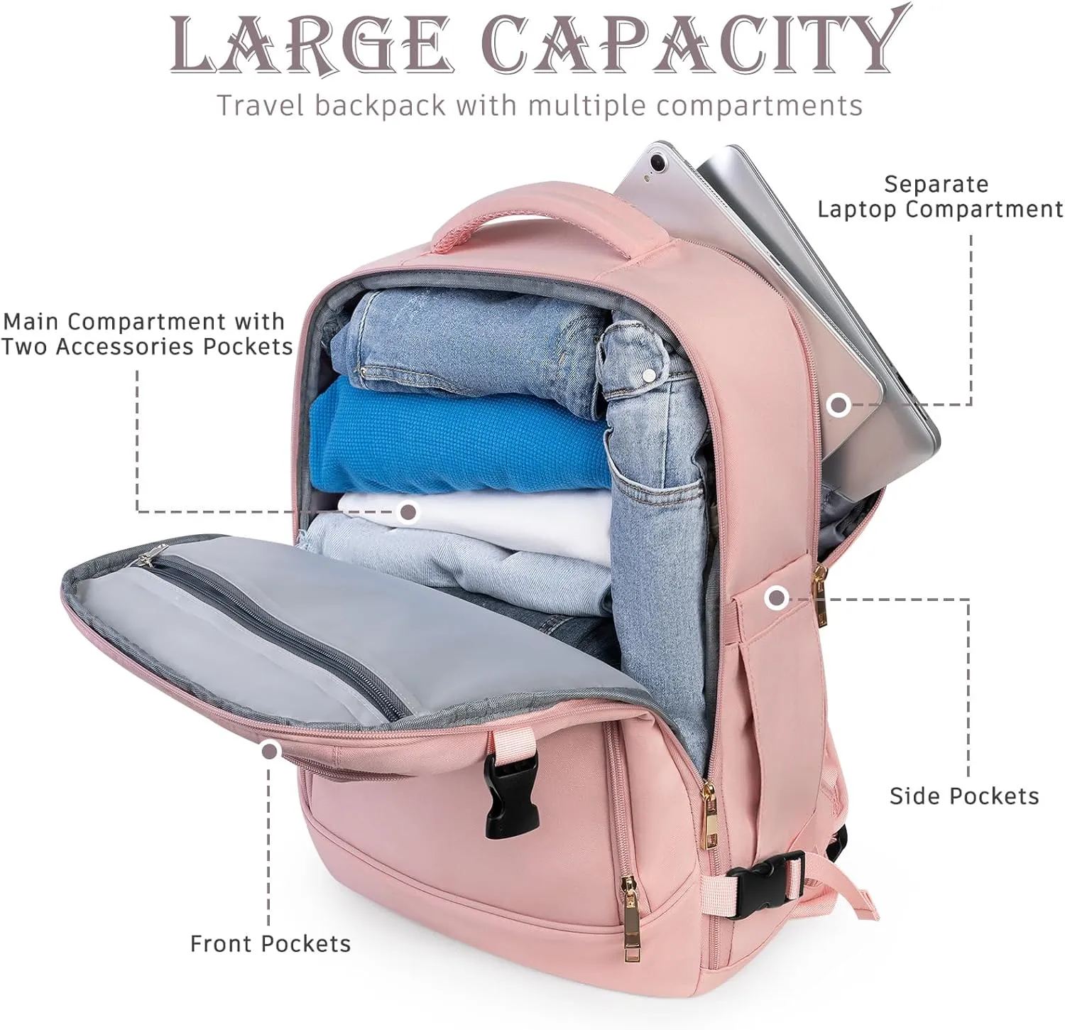 Travel Backpack, Large Backpack for Men Women, Flight-approved Carry-on Backpack, 40L Personal Item Travel Backpack, Travel Essentials, Pink