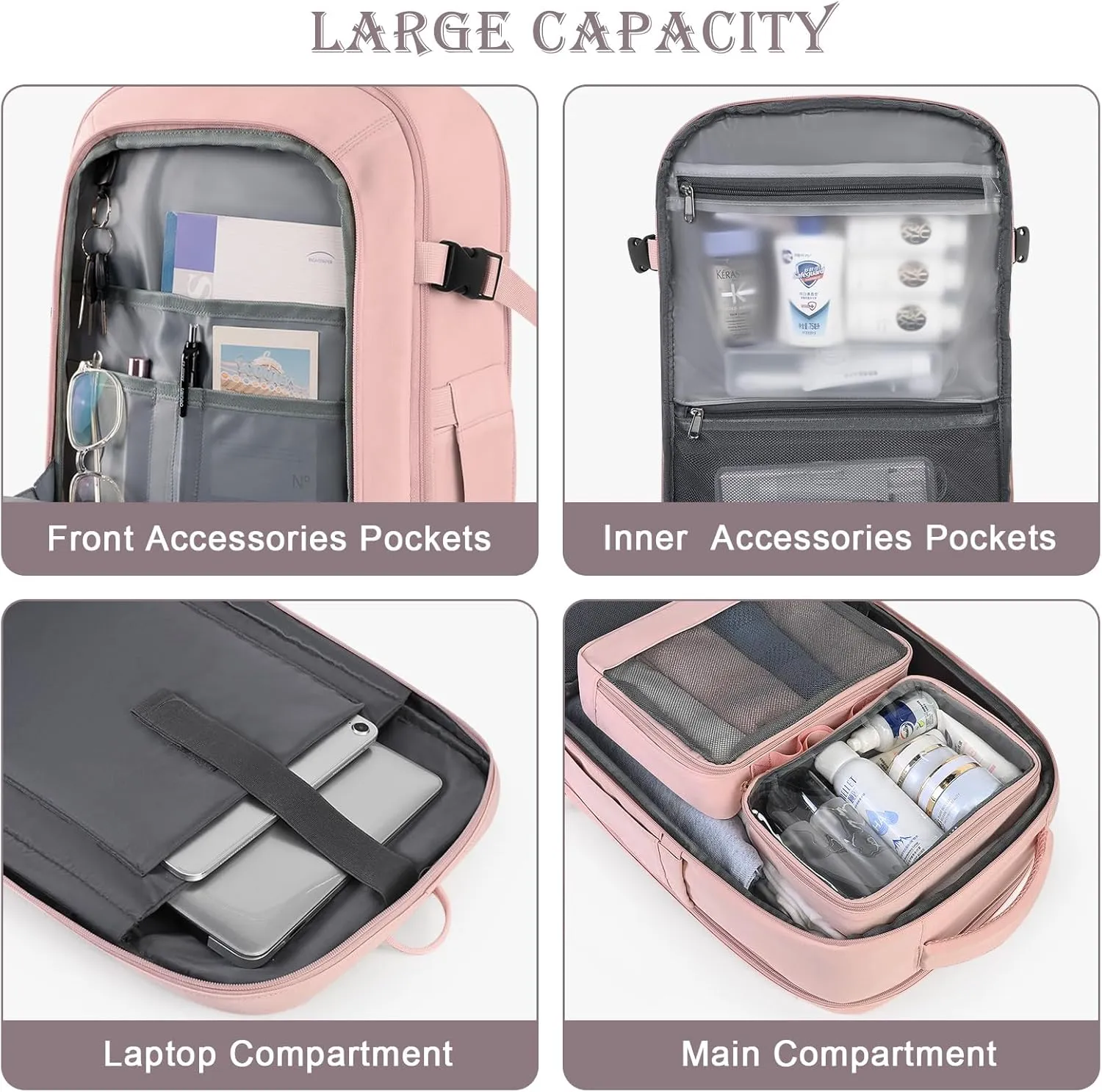 Travel Backpack, Large Backpack for Men Women, Flight-approved Carry-on Backpack, 40L Personal Item Travel Backpack, Travel Essentials, Pink