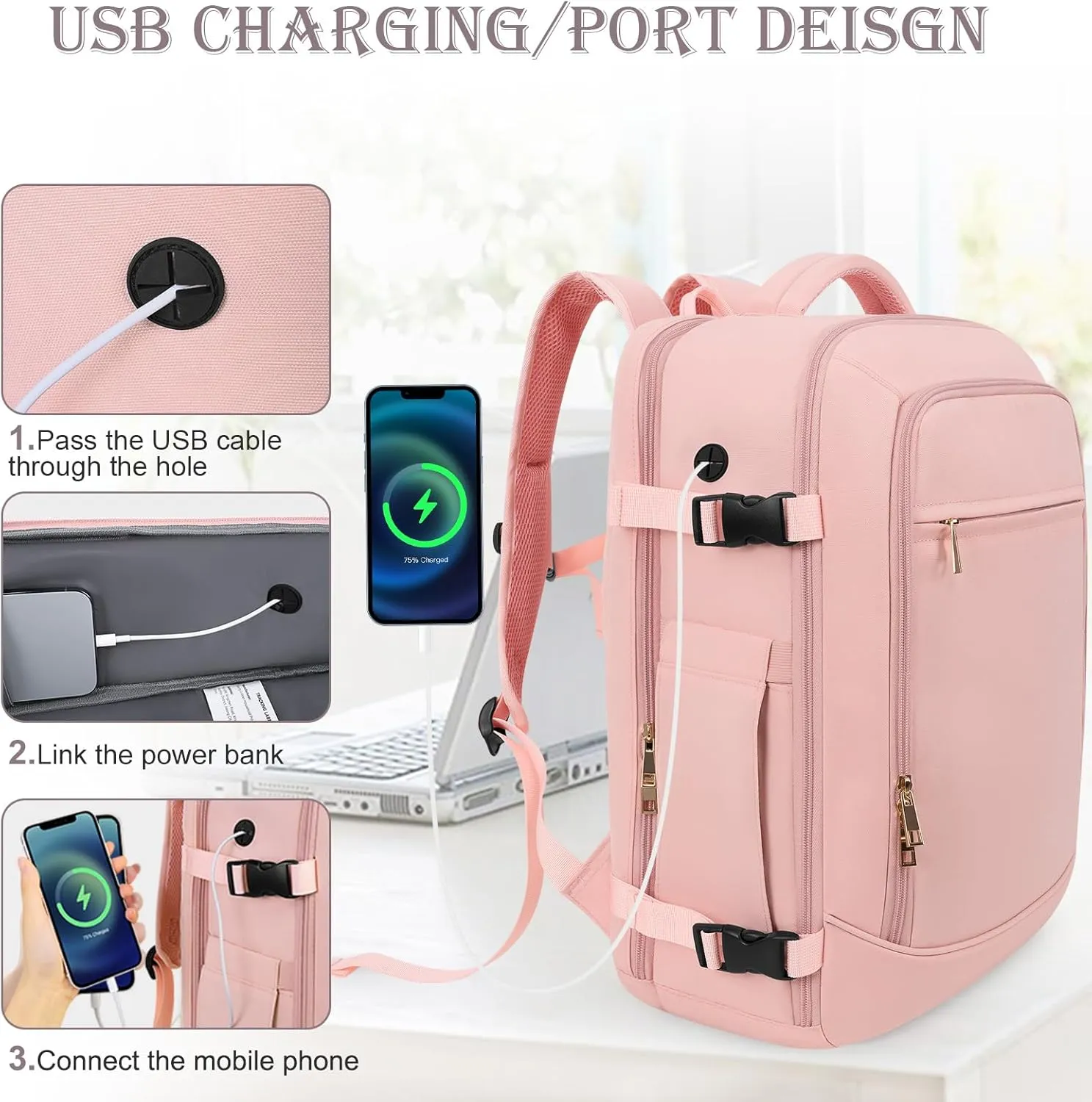 Travel Backpack, Large Backpack for Men Women, Flight-approved Carry-on Backpack, 40L Personal Item Travel Backpack, Travel Essentials, Pink