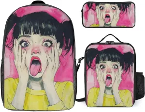 Travel Backpack Set, 17 Inch College Backpack with Thermal Lunch Bag Cute Goth Gothic Art Pencil Pouch Casual Bookbag Insulated Meal Bag