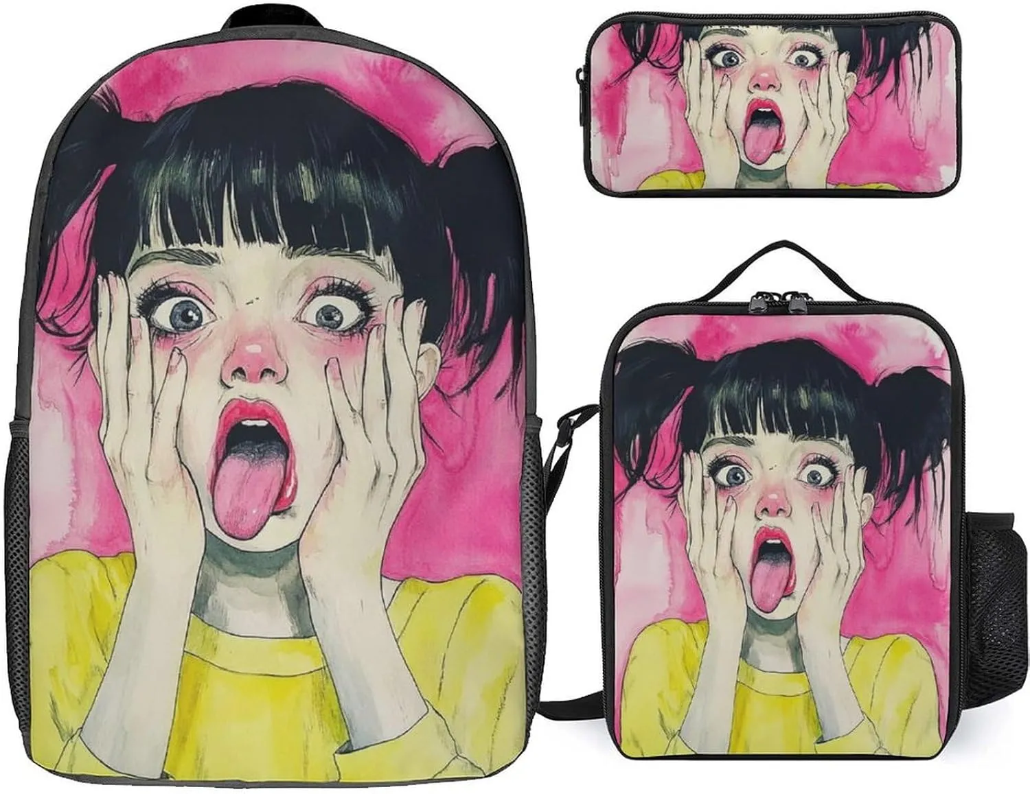 Travel Backpack Set, 17 Inch College Backpack with Thermal Lunch Bag Cute Goth Gothic Art Pencil Pouch Casual Bookbag Insulated Meal Bag