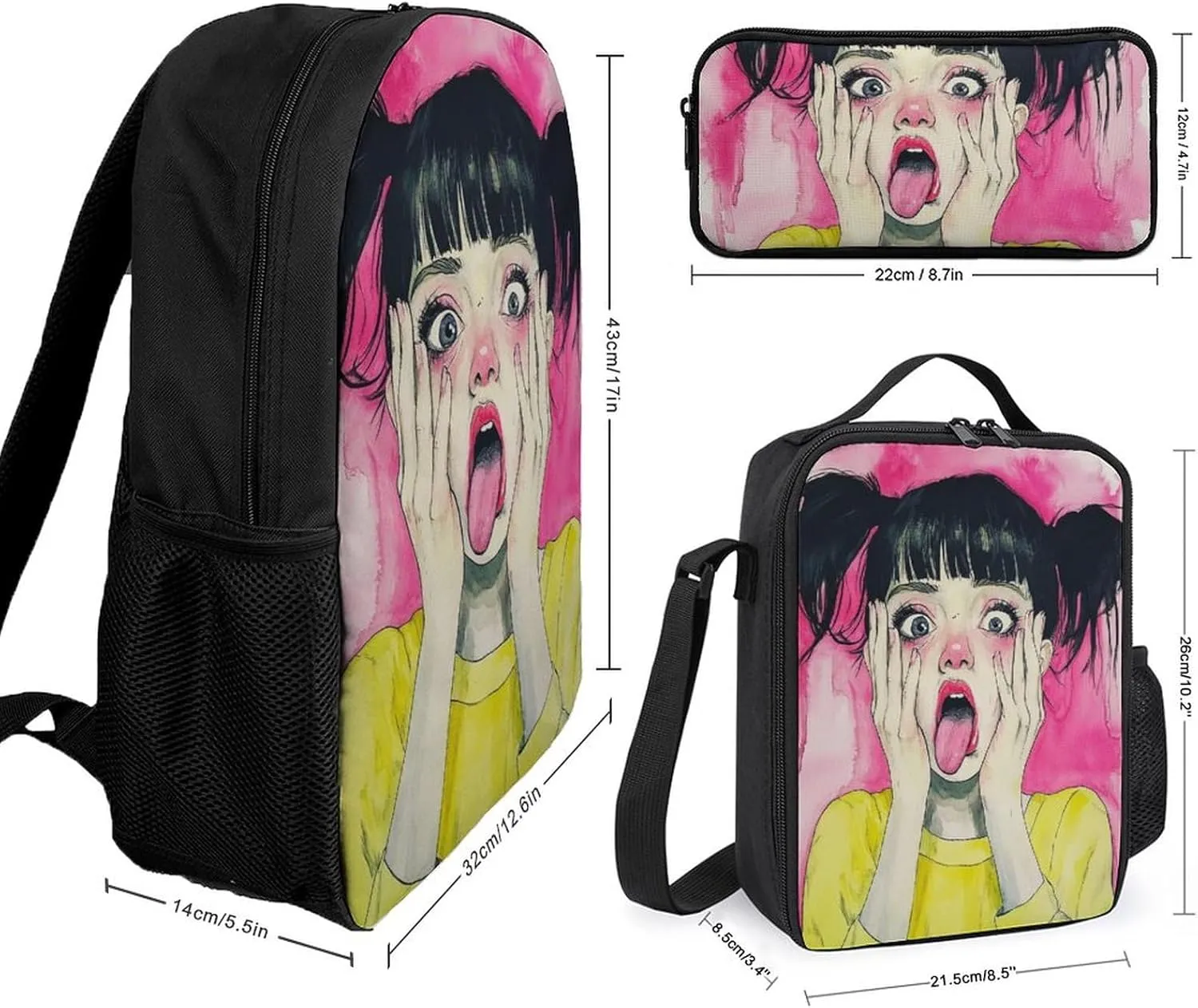 Travel Backpack Set, 17 Inch College Backpack with Thermal Lunch Bag Cute Goth Gothic Art Pencil Pouch Casual Bookbag Insulated Meal Bag